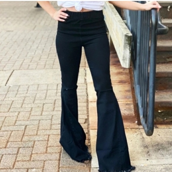 Back to Black Flare Jeans - Pull on Black Distressed Slit Knee Denim Bell Bottom - Picture 5 of 10